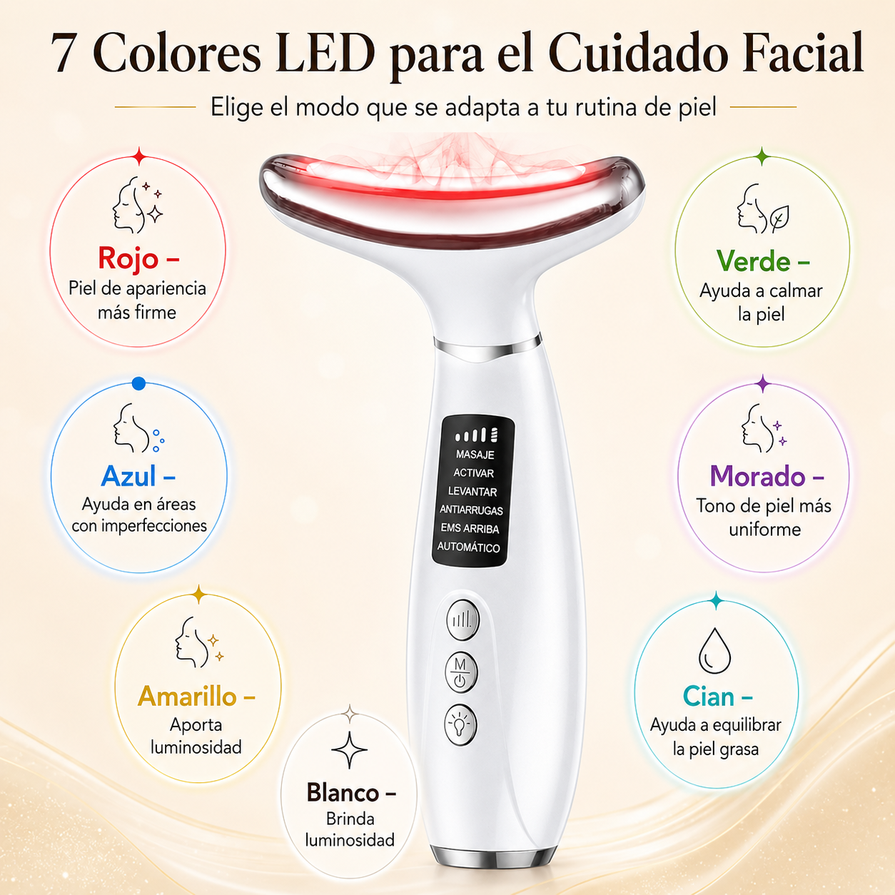 Masajeador Facial y de Cuello con Luz LED 7 Colores
